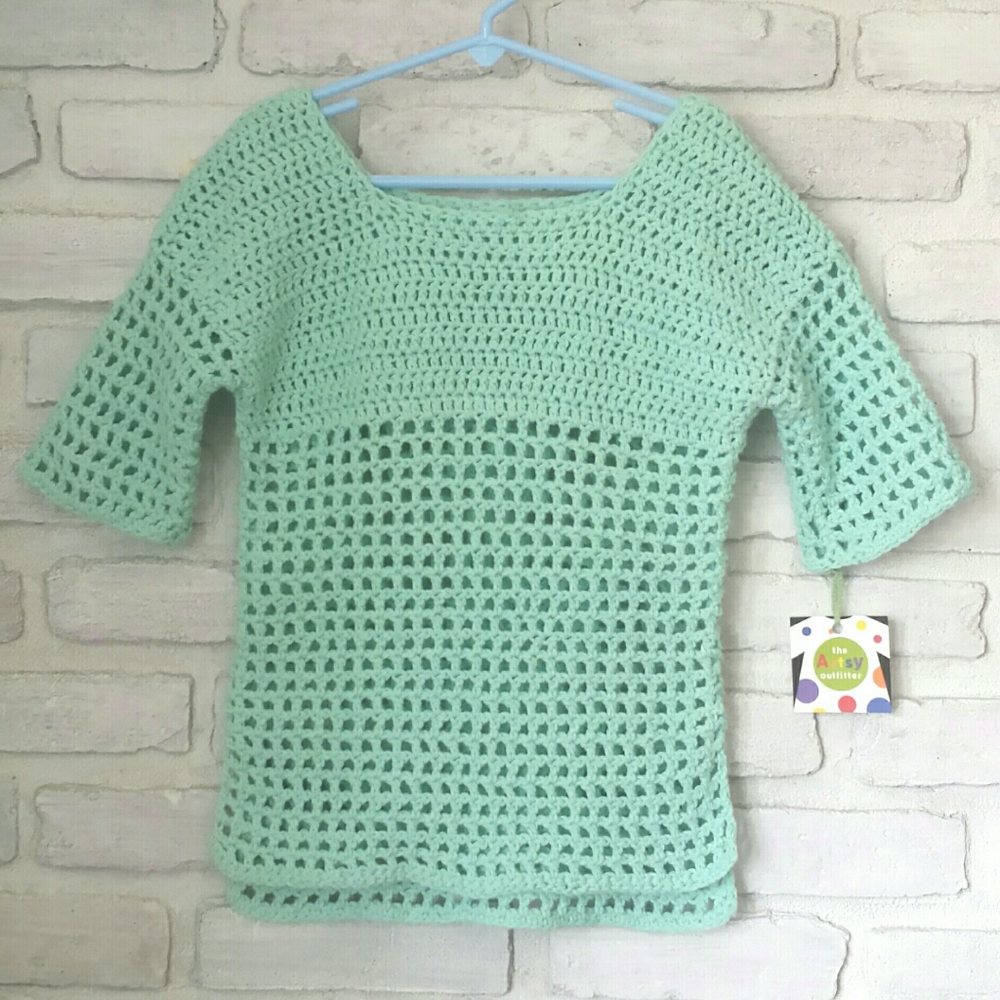 Handmade Hand Crochet Girl's Aqua Blue Beach Cover Up Tunic 4/5